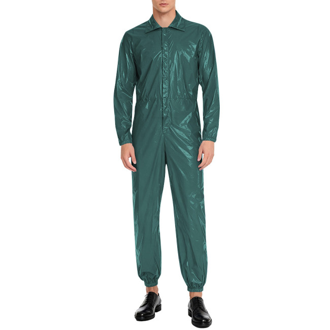 Men Long Sleeve Shiny PVC Leather Casual Jumpsuit Club Role Play Outfits Turn-down Collar High Waist One Piece Catsuit Rompers