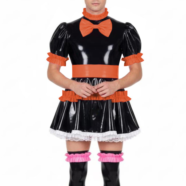 Fetish Sissy Ruffles A-line Mini Dress Wetlook PVC Leather Lolita Cosplay Maid Dresses Crossdressing Party Club Pleated Dress