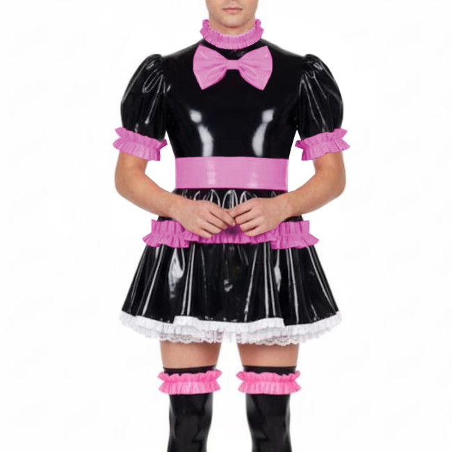 Fetish Sissy Ruffles A-line Mini Dress Wetlook PVC Leather Lolita Cosplay Maid Dresses Crossdressing Party Club Pleated Dress