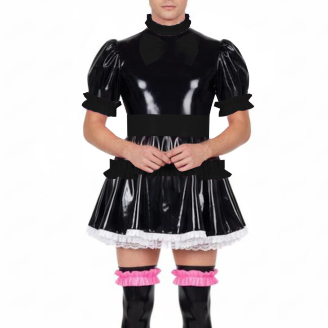 Fetish Sissy Ruffles A-line Mini Dress Wetlook PVC Leather Lolita Cosplay Maid Dresses Crossdressing Party Club Pleated Dress