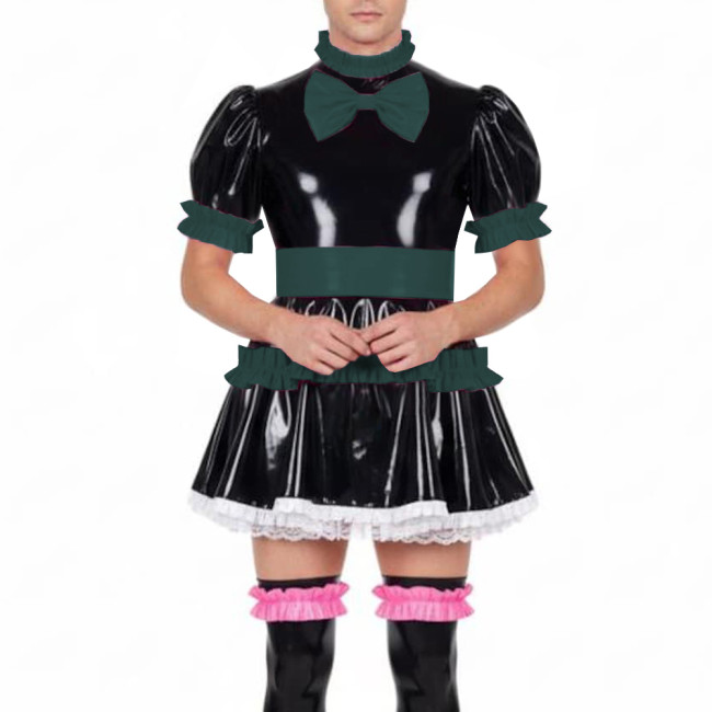Fetish Sissy Ruffles A-line Mini Dress Wetlook PVC Leather Lolita Cosplay Maid Dresses Crossdressing Party Club Pleated Dress