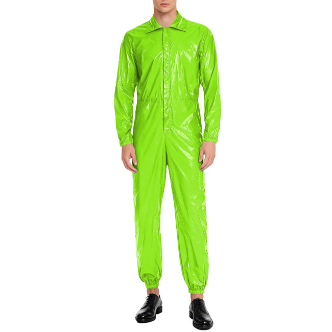 Men Long Sleeve Shiny PVC Leather Casual Jumpsuit Club Role Play Outfits Turn-down Collar High Waist One Piece Catsuit Rompers