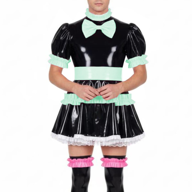 Fetish Sissy Ruffles A-line Mini Dress Wetlook PVC Leather Lolita Cosplay Maid Dresses Crossdressing Party Club Pleated Dress