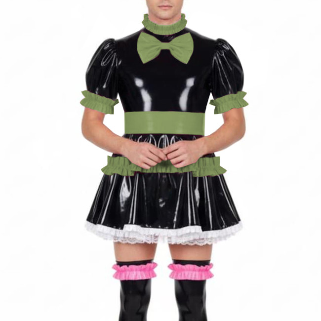 Fetish Sissy Ruffles A-line Mini Dress Wetlook PVC Leather Lolita Cosplay Maid Dresses Crossdressing Party Club Pleated Dress