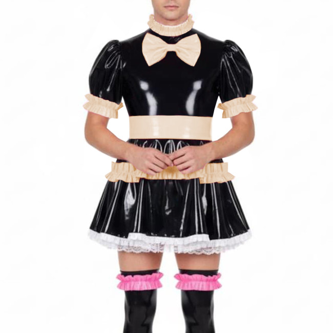 Fetish Sissy Ruffles A-line Mini Dress Wetlook PVC Leather Lolita Cosplay Maid Dresses Crossdressing Party Club Pleated Dress