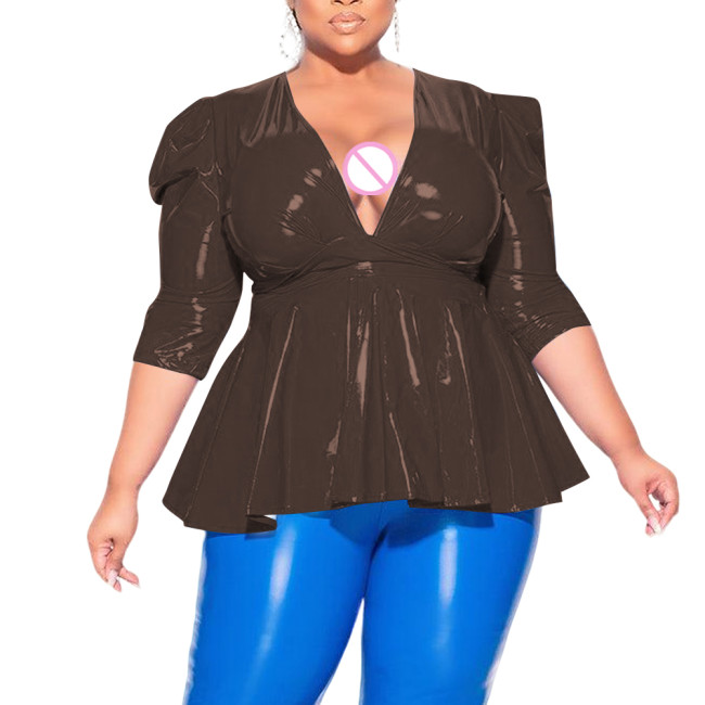 Plus Size Sexy Deep V Neck Cross Strap Tops Elegant Pleated Office Lady Blouse Womens Puffed Sleeves Lace-up Tee Shirts Clubwear