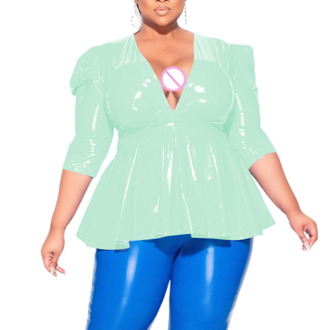 Plus Size Sexy Deep V Neck Cross Strap Tops Elegant Pleated Office Lady Blouse Womens Puffed Sleeves Lace-up Tee Shirts Clubwear