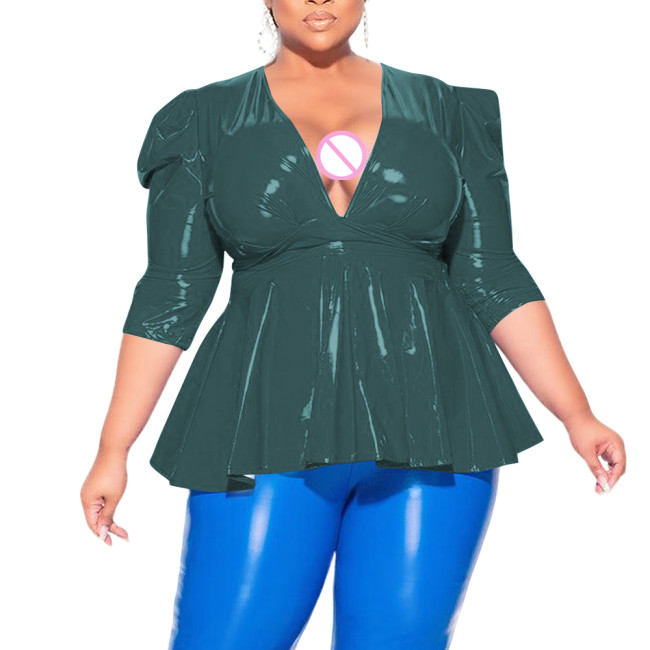 Plus Size Sexy Deep V Neck Cross Strap Tops Elegant Pleated Office Lady Blouse Womens Puffed Sleeves Lace-up Tee Shirts Clubwear
