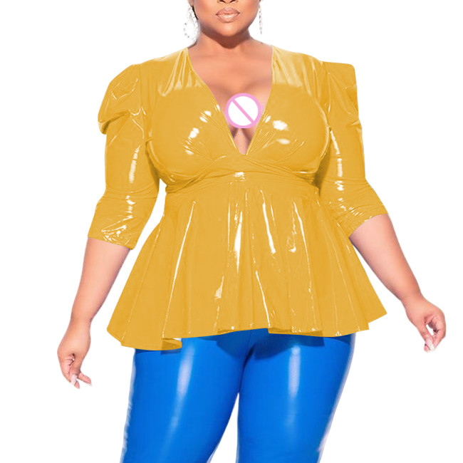 Plus Size Sexy Deep V Neck Cross Strap Tops Elegant Pleated Office Lady Blouse Womens Puffed Sleeves Lace-up Tee Shirts Clubwear