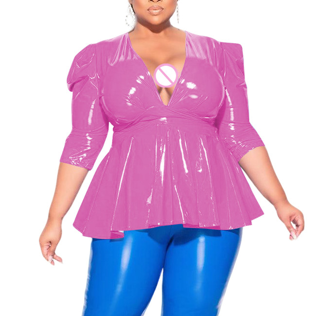 Plus Size Sexy Deep V Neck Cross Strap Tops Elegant Pleated Office Lady Blouse Womens Puffed Sleeves Lace-up Tee Shirts Clubwear