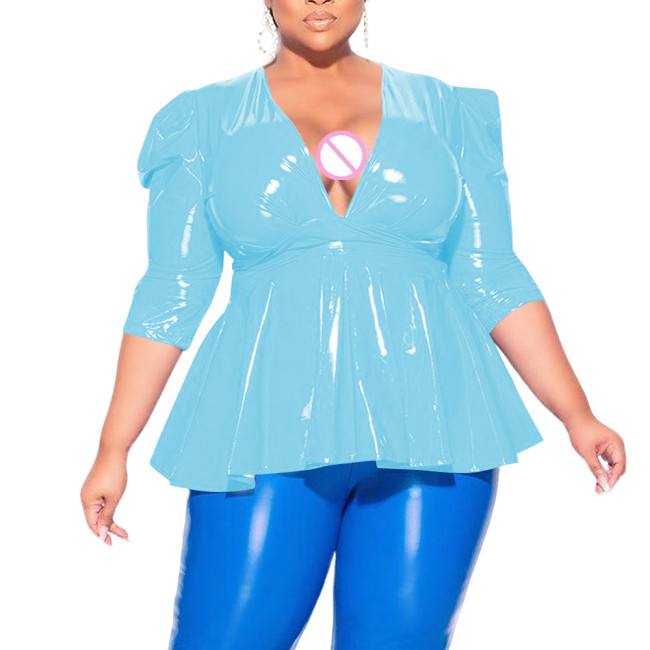 Plus Size Sexy Deep V Neck Cross Strap Tops Elegant Pleated Office Lady Blouse Womens Puffed Sleeves Lace-up Tee Shirts Clubwear