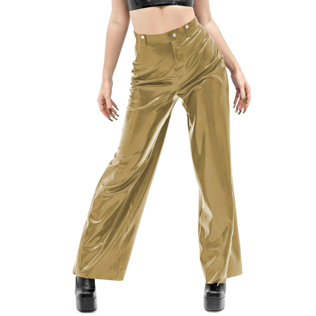 Women Vinyl PVC Leather Straight Pants Casual Ladies Slim High Waist Glossy Wide Leg Pants Female Solid Pocket Trousers Clubwear