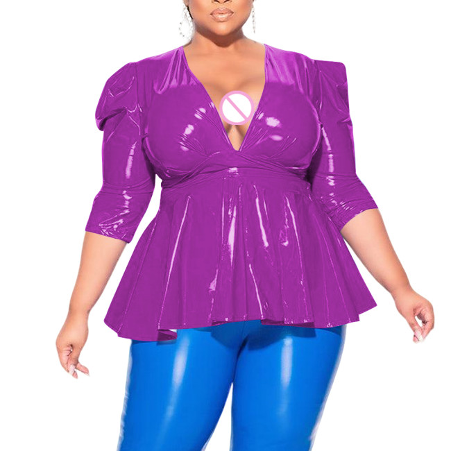 Plus Size Sexy Deep V Neck Cross Strap Tops Elegant Pleated Office Lady Blouse Womens Puffed Sleeves Lace-up Tee Shirts Clubwear