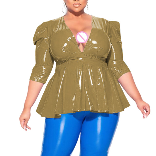 Plus Size Sexy Deep V Neck Cross Strap Tops Elegant Pleated Office Lady Blouse Womens Puffed Sleeves Lace-up Tee Shirts Clubwear