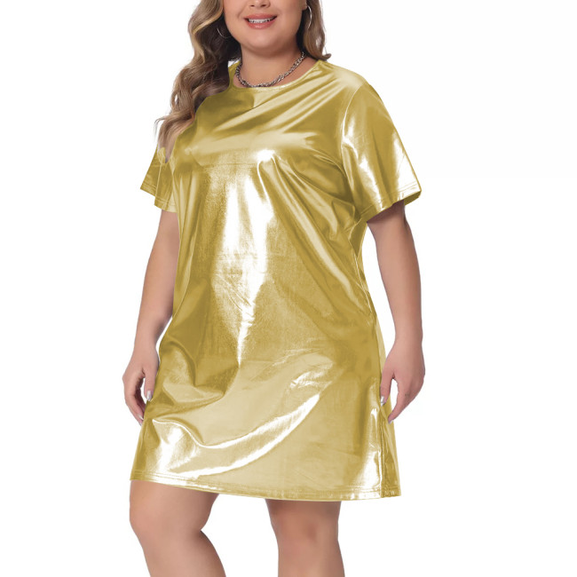 Plus Size Womens Shiny Metallic Mini Dress Short Sleeve Round Neck Slim Short Dress Festival Rave Dance Party Outfits Clubwear
