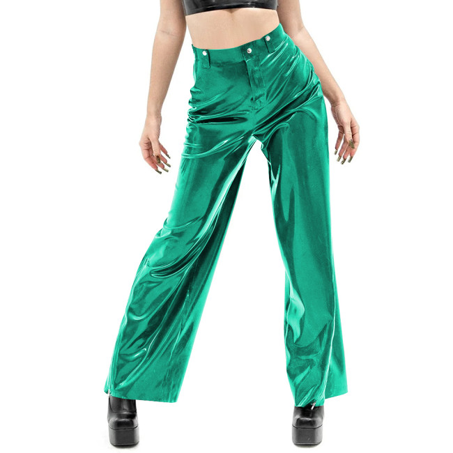 Women Vinyl PVC Leather Straight Pants Casual Ladies Slim High Waist Glossy Wide Leg Pants Female Solid Pocket Trousers Clubwear