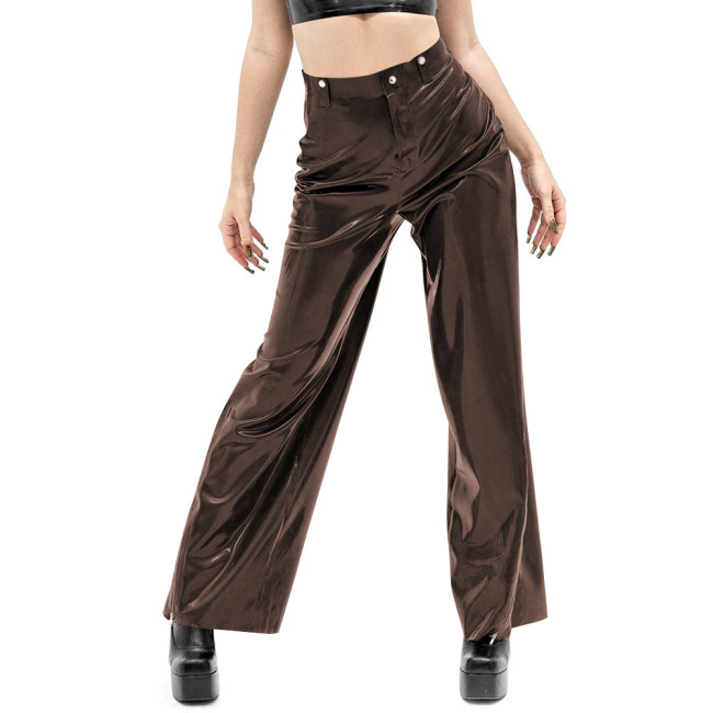 Women Vinyl PVC Leather Straight Pants Casual Ladies Slim High Waist Glossy Wide Leg Pants Female Solid Pocket Trousers Clubwear