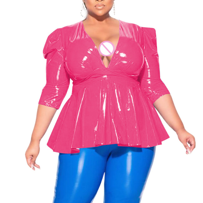 Plus Size Sexy Deep V Neck Cross Strap Tops Elegant Pleated Office Lady Blouse Womens Puffed Sleeves Lace-up Tee Shirts Clubwear