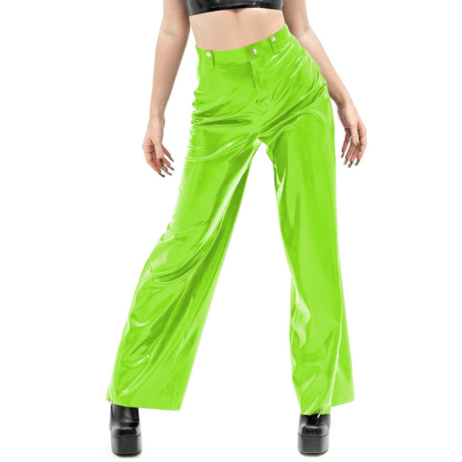 Women Vinyl PVC Leather Straight Pants Casual Ladies Slim High Waist Glossy Wide Leg Pants Female Solid Pocket Trousers Clubwear