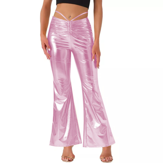 Women's Drawstring Sexy Metallic Wide Leg Pants for Raves Party Pole Dance Outfits Fashion Shiny High Waist Long Flared Pants