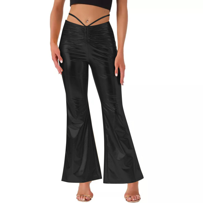 Women's Drawstring Sexy Metallic Wide Leg Pants for Raves Party Pole Dance Outfits Fashion Shiny High Waist Long Flared Pants