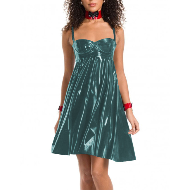 Women Glossy PVC Leather Sundress Sexy Backless High Waist Pleated A-line Dress Female Wetlook Party Club Suspenders Short Gown