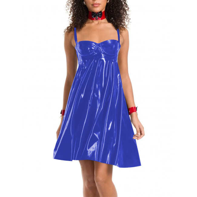 Women Glossy PVC Leather Sundress Sexy Backless High Waist Pleated A-line Dress Female Wetlook Party Club Suspenders Short Gown