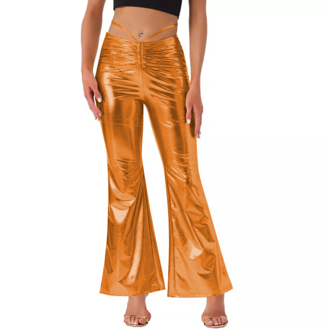 Women's Drawstring Sexy Metallic Wide Leg Pants for Raves Party Pole Dance Outfits Fashion Shiny High Waist Long Flared Pants