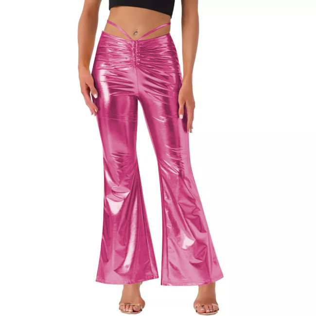 Women's Drawstring Sexy Metallic Wide Leg Pants for Raves Party Pole Dance Outfits Fashion Shiny High Waist Long Flared Pants