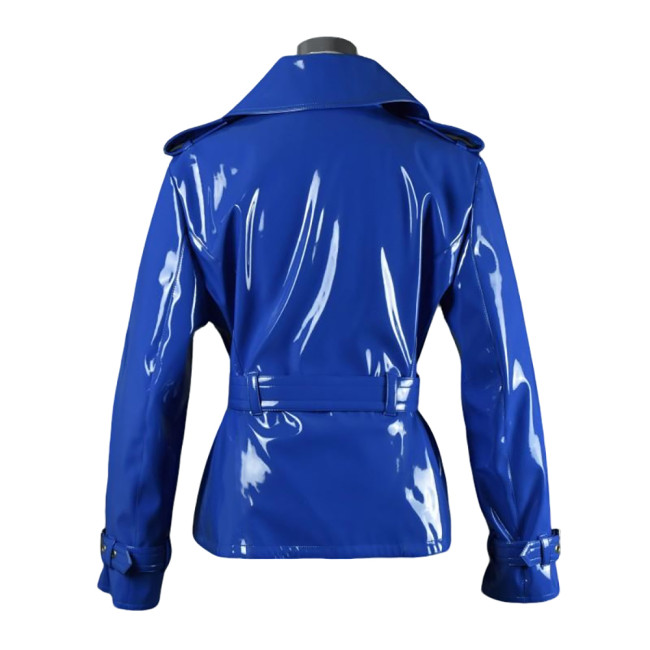 Men Women Vinyl Blazer Coat Glossy PVC Leather Lapel Collar Belted Jacket Punk Moto Long Sleeve Double-breasted Jackets Outwears