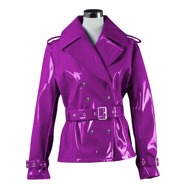 Men Women Vinyl Blazer Coat Glossy PVC Leather Lapel Collar Belted Jacket Punk Moto Long Sleeve Double-breasted Jackets Outwears