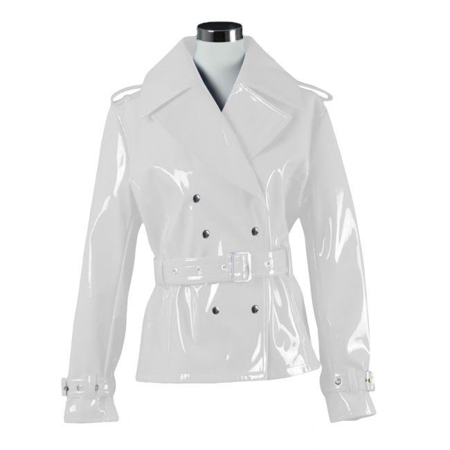 Men Women Vinyl Blazer Coat Glossy PVC Leather Lapel Collar Belted Jacket Punk Moto Long Sleeve Double-breasted Jackets Outwears