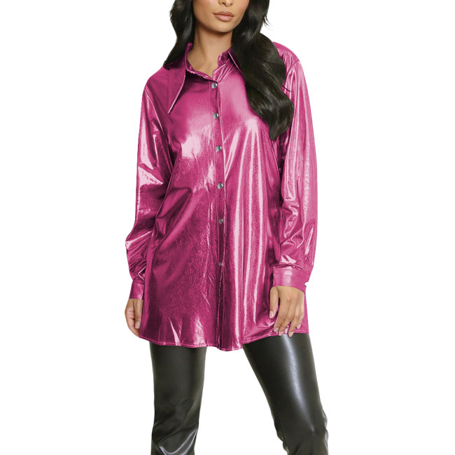Plus Size Button-Down Long Sleeve Shirt for Womens Casual Fashion Turn-down Collar Slim Blouses Metallic Shiny Female Club Tops