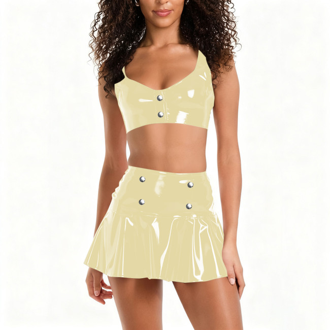 Women Vinyl Sexy Punk Dress Suit for Pole Dancing PVC Leather Sleeveless Short Tank Top Mini Skirts Female Nightclub Streetwear