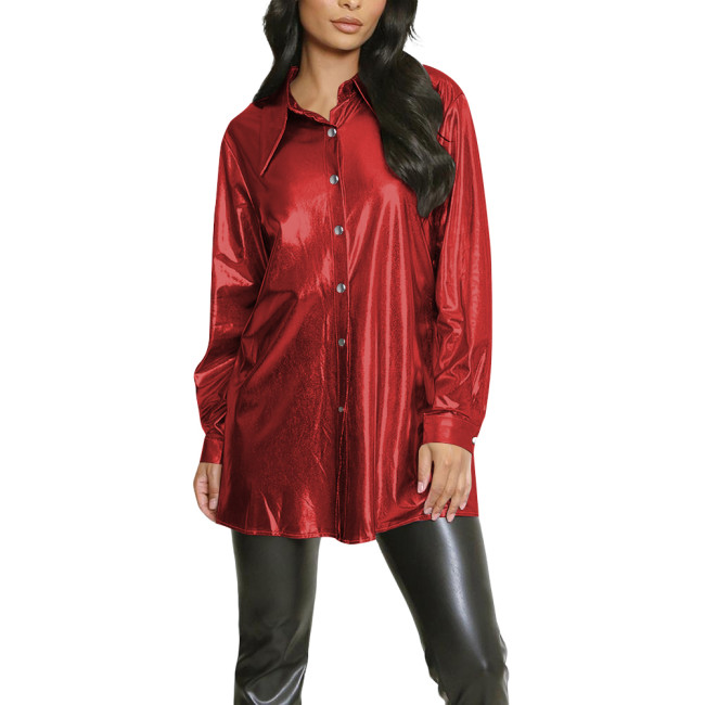 Plus Size Button-Down Long Sleeve Shirt for Womens Casual Fashion Turn-down Collar Slim Blouses Metallic Shiny Female Club Tops