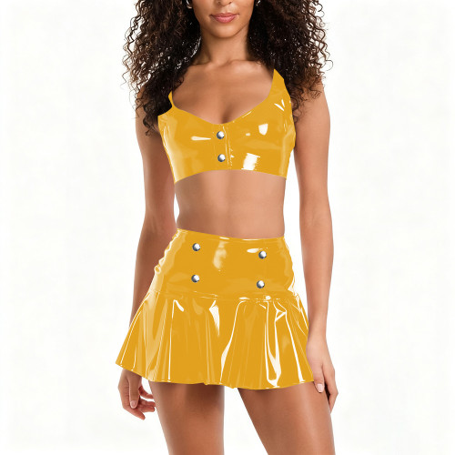 Women Vinyl Sexy Punk Dress Suit for Pole Dancing PVC Leather Sleeveless Short Tank Top Mini Skirts Female Nightclub Streetwear