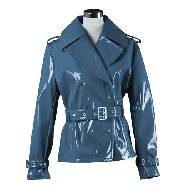 Men Women Vinyl Blazer Coat Glossy PVC Leather Lapel Collar Belted Jacket Punk Moto Long Sleeve Double-breasted Jackets Outwears