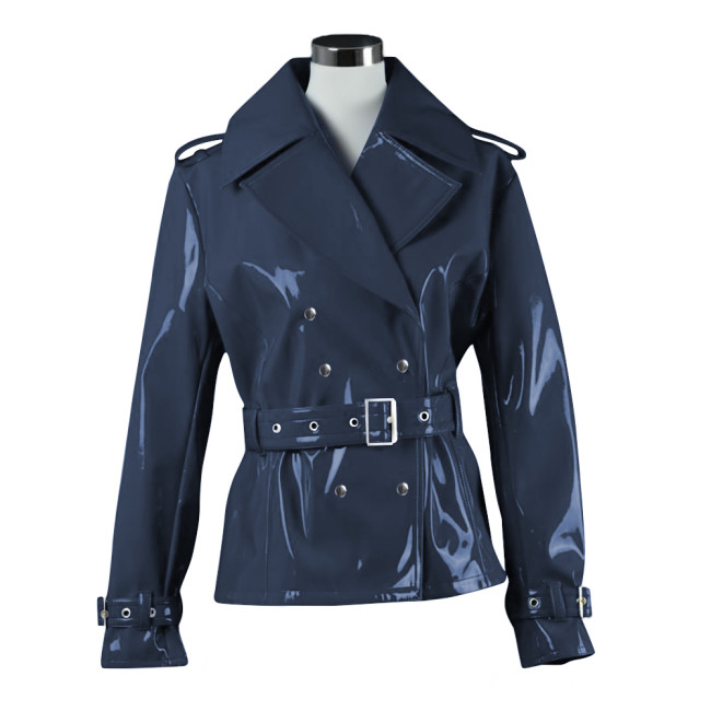 Men Women Vinyl Blazer Coat Glossy PVC Leather Lapel Collar Belted Jacket Punk Moto Long Sleeve Double-breasted Jackets Outwears