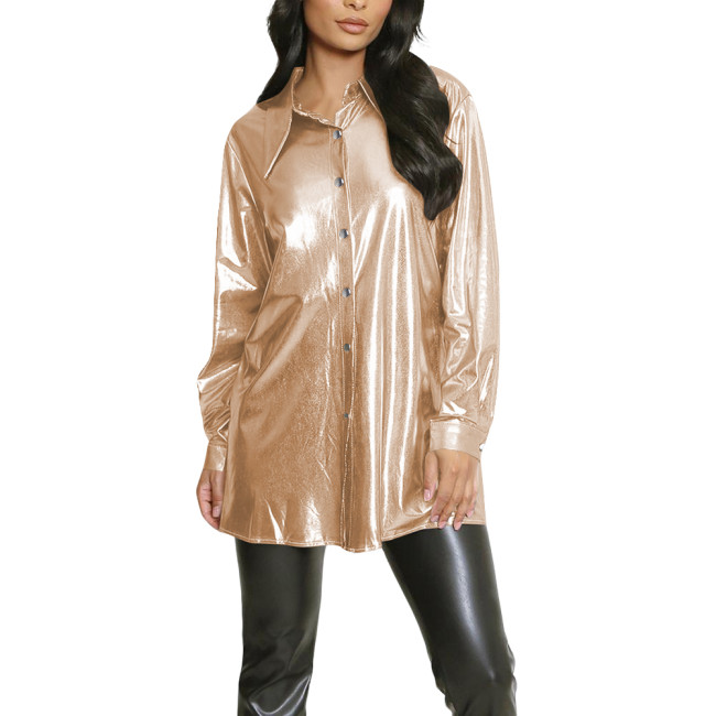Plus Size Button-Down Long Sleeve Shirt for Womens Casual Fashion Turn-down Collar Slim Blouses Metallic Shiny Female Club Tops