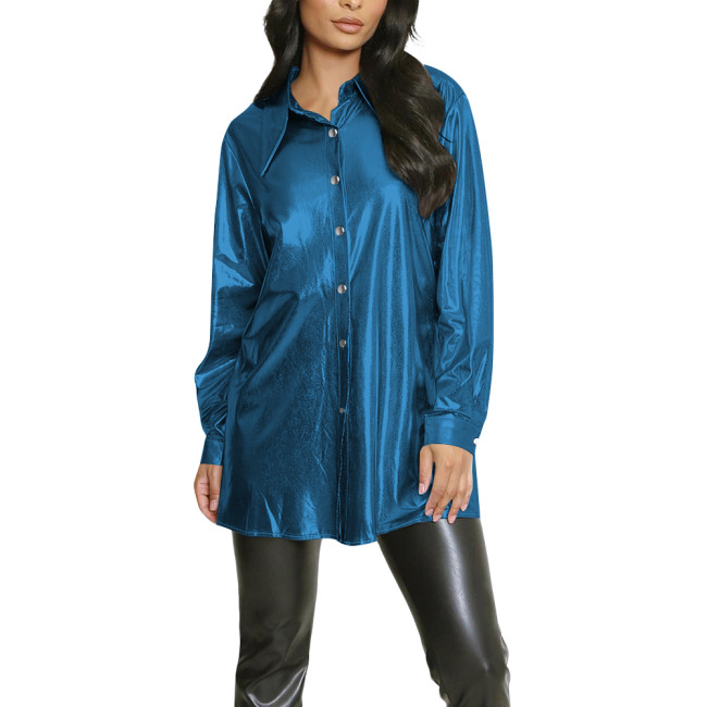 Plus Size Button-Down Long Sleeve Shirt for Womens Casual Fashion Turn-down Collar Slim Blouses Metallic Shiny Female Club Tops