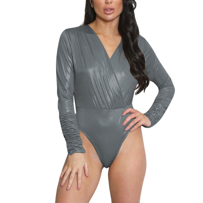 Sexy Stylish Deep V-Neck Bodysuit Long Sleeve Liquid Metallic Fashion High Cut Rompers Womens High Street Tops Lingerie Onesie