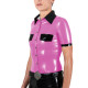 Wet PVC Leather Short Sleeve Shirt with Contrast Trim Office Ladies Single-breasted Slim Shirts Plus Size Female Blouse Clubwear