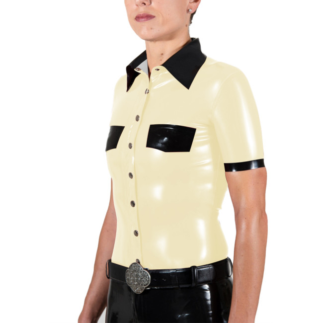 Wet PVC Leather Short Sleeve Shirt with Contrast Trim Office Ladies Single-breasted Slim Shirts Plus Size Female Blouse Clubwear