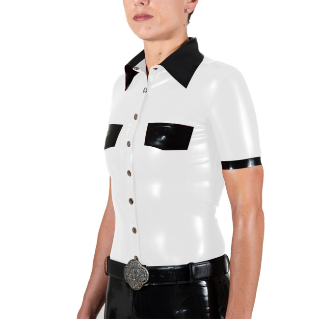 Wet PVC Leather Short Sleeve Shirt with Contrast Trim Office Ladies Single-breasted Slim Shirts Plus Size Female Blouse Clubwear