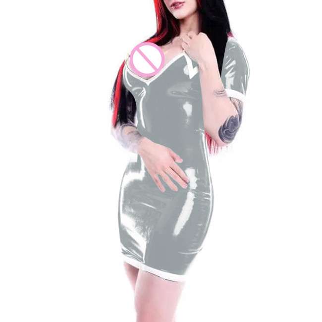 Sexy Short Sleeve Mini Bodycon Dress Vinyl Women PVC Leather Party Club Tight Dress Wetlook Outfit Turn Down Collar Skinny Dress