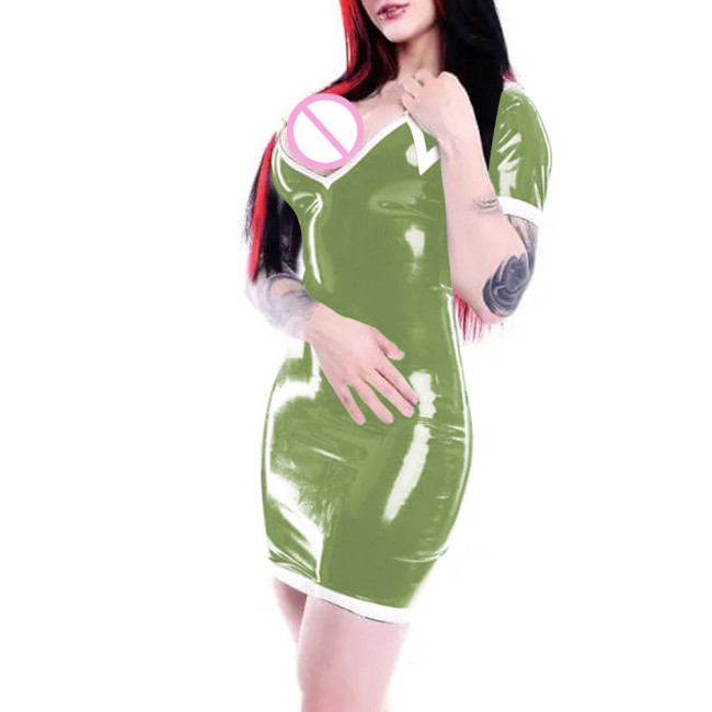 Sexy Short Sleeve Mini Bodycon Dress Vinyl Women PVC Leather Party Club Tight Dress Wetlook Outfit Turn Down Collar Skinny Dress