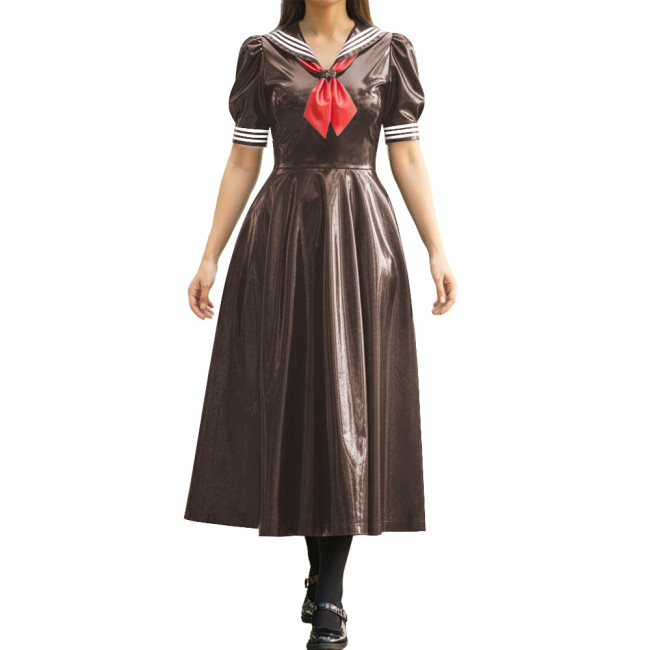 Vinyl PVC Leather Long Sailor Dress with Puff Sleeve Japanese Cosplay Women's School Uniform Halloween Party Role Play Outfits