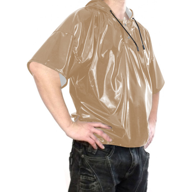 Glossy PVC Leather Mens Hooded T-shirt Short Sleeve Hoodie Shirt Male Loose Latex-look Tee with Button Punk Gothic Club Wear