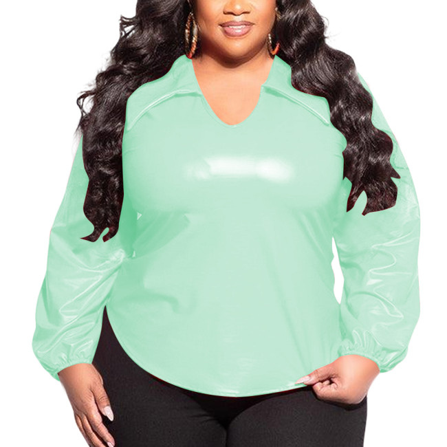 Classy V-neckline Slim Tops for Womens PVC Glossy Leather Pullover Blouse Sexy Long Sleeve Wetlook T-shirts Plus Size Club Tops
