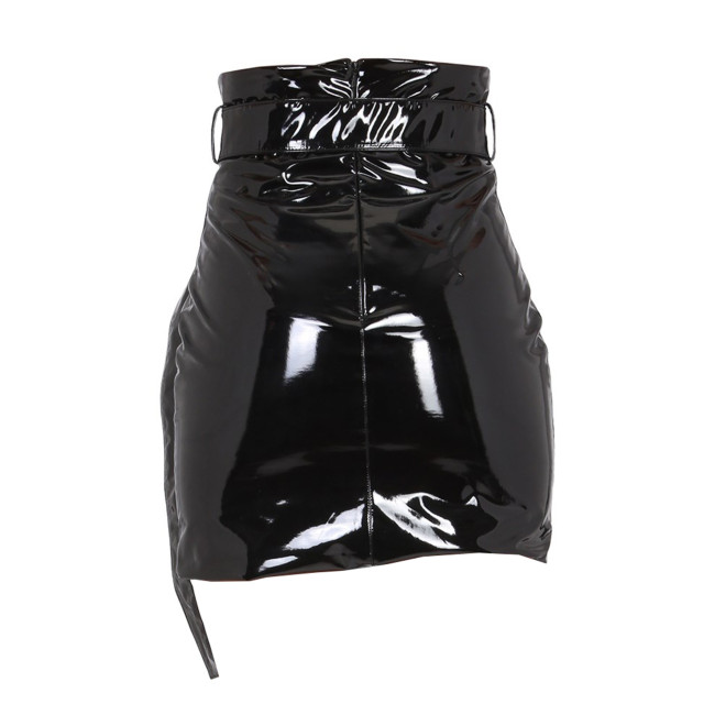 Vinyl PVC Leather Tight Mini Skirt High Waist Belted Bodycon Short Skirt for Women Office Ladies Hobble Skirts Club Party Wear